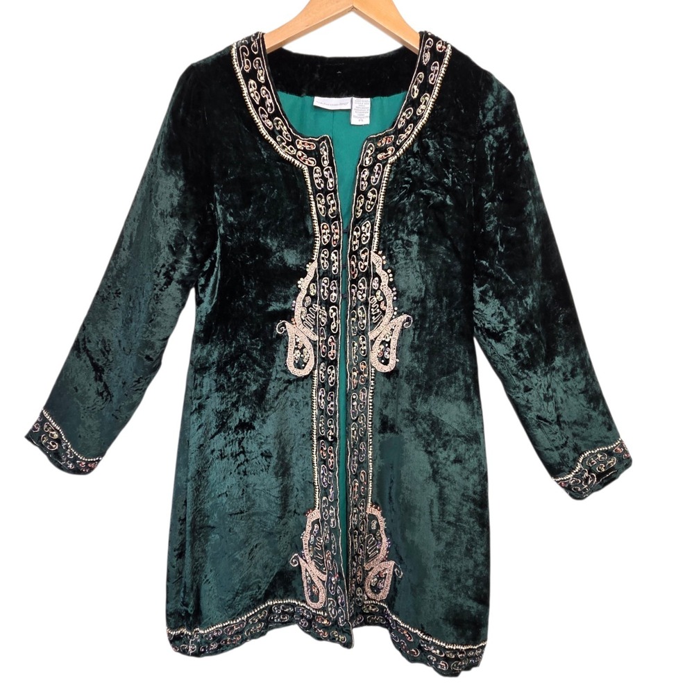 Soft Surroundings‎ Green Velvet Embroidered Beaded Open Jacket SZ SP Renaissance